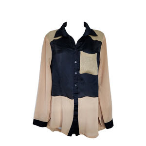 Hommage from LA Knit Trim Beige/Black Poly Top Blouse M